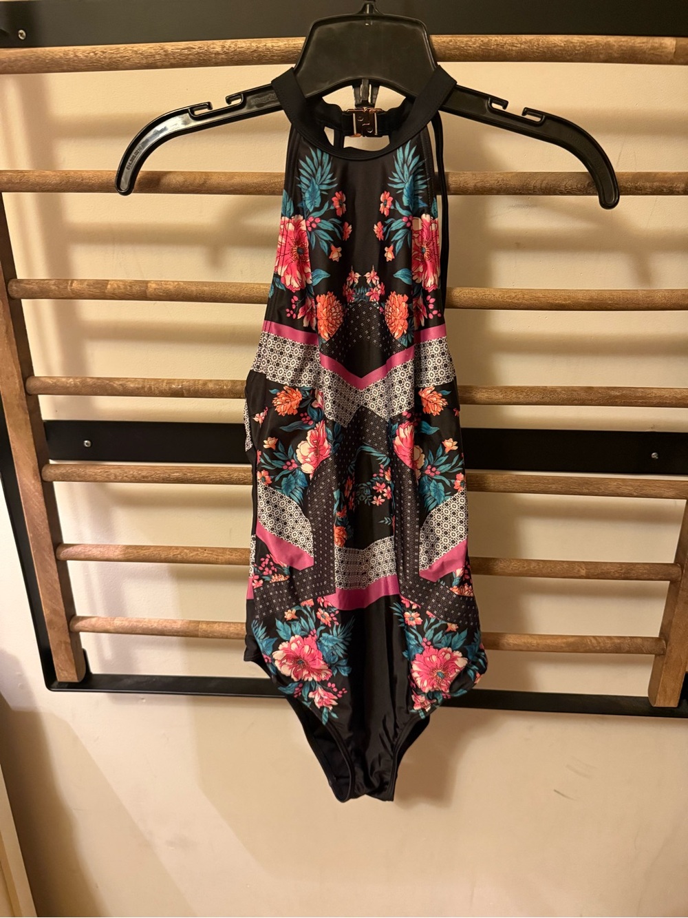 MINKPINK Black Halter Floral Bathing Suit with Pink & Teal Accents